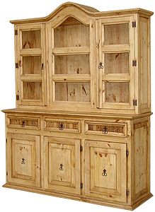 The solid pine construction of this rustic cupboard will keep your dishes and glassware safe and free of dust. The bonnet top as well as the fronts and sides give this piece the southwestern country look that goes well with other furniture designs. Glass for the cabinet doors is now included with every rustic cupboard!  LaFuente.com Rustic China Cabinet, Rustic Hutch, Rustic Pine Furniture, Hutch Buffet, Mexican Furniture, Wood Hinges, Kitchen Hutch, Dining Room Buffet, Glassware Storage