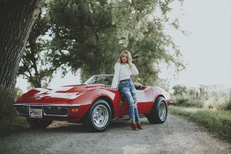 Corvette Senior Pictures, Senior Pics With Cars Photo Ideas, Senior Portraits With Car, Senior Pictures With Vehicles, Senior Pics With Old Cars, Car Photoshoot Ideas For Women, Senior Pic With Car, Grad Pics With Car, Senior Car Picture Ideas