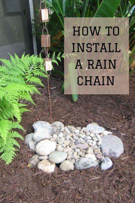 How To Install A Rain Chain - Their Florida home had no gutters, so look what this clever couple did instead! Rain Chain Base Ideas, Rainchain Ideas Gardens, Rain Chain Ideas Landscapes, Rain Chain Drainage Ideas, Rain Chains Ideas, Rain Chain Drainage River Rocks, Rain Chains Without Gutters, Rain Chain Drainage, Rain Chains Gutter Downspout Ideas