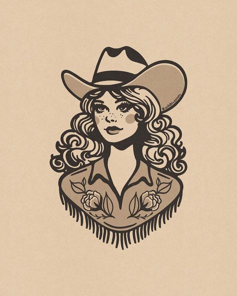 Courtney Collier | Pretty & Punchy another cowgirl lady doodle ✨ Let me know which colorway is your favorite! #cowgirlart #cowgirltattoo | Instagram American Traditional Cowgirl Head, Cowgirl Icon Pfp, Cowgirl Pinup Drawing, Traditional Cowgirl Pinup Tattoo, Cowgirl Portrait Tattoo, Cowgirl Tattoo Ideas, Cowgirl Art Drawing, Vintage Cowgirl Tattoo, Coastal Cowgirl Tattoo