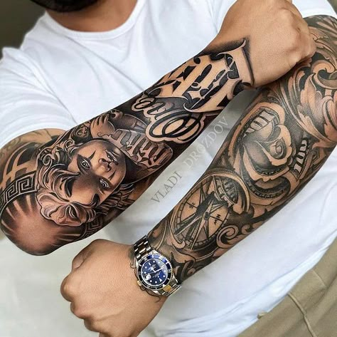 Full Arm And Hand Tattoo, Italian Arm Sleeve Tattoo, Rec Tattoo, Chicano Tattoo Arm, Arm And Hand Tattoos, Chicano Arm Sleeve, Chicano Sleeve, Graffiti Arm Sleeve Tattoo, Voll Arm-tattoos