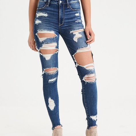 AE Denim X Super Hi-Rise Jegging ($70) ❤ liked on Polyvore featuring pants, leggings, blue, denim leggings, white leggings, jean leggings, white ripped jeggings and white ripped leggings American Eagle Jeans Ripped, Super High Waisted Jeans, White Jeggings, Distressed Leggings, Ripped Leggings, Drawstring Jeans, Ripped Jeggings, Ripped Knee Jeans, Women Fashion Edgy