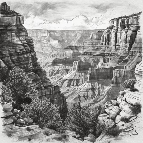 PRINTABLE ART | Digital Artwork of a Grand Canyon Sketch Instantly download, print and frame a piece of artwork. *If you would like a higher resolution download please contact me. Grand Canyon Drawing, Charcole Drawings, Grand Canyon Art, Dinosaur Sketch, Mountain Drawing, Pen Art Drawings, Grayscale Coloring, Nature Art Painting, Painting Digital