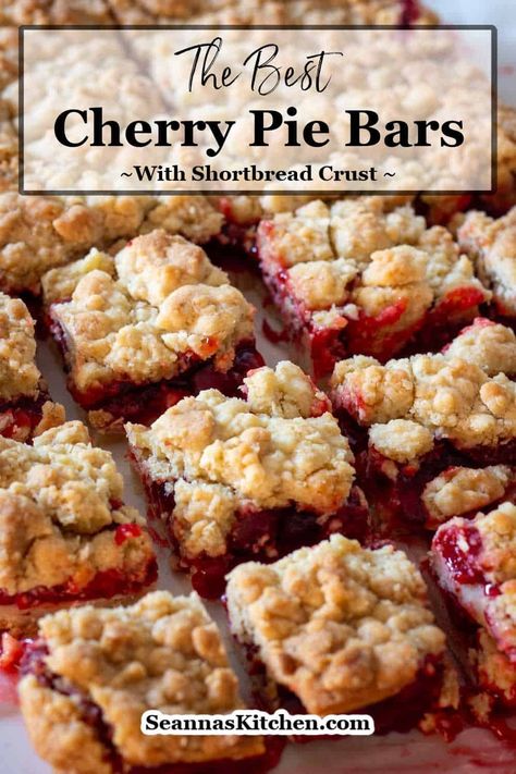 Calling all cherry lovers! These Cherry Pie Bars with shortbread crust are so easy - we're talking buttery shortbread, a layer of canned cherry pie filling, and a sprinkle of crumb topping made with cake mix. Done and done! They're perfect for when you want a taste of summer pie without all the fuss. Canned Cherry Pie Filling, Cherry Pie Bars Recipe, Canned Cherry Pie, Pie Filling Desserts, Bars With Shortbread Crust, Apple Pie Bars Recipe, Cherry Pie Cookies, Cherry Pie Filling Recipes, Cherry Pie Bars