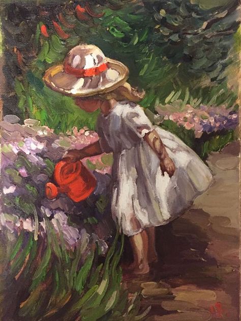 A girl watering flowers - Tamara's Chakras Person Watering Plants Reference, Flowers Growing Drawing, Person Watering Plants, Watering Plants Aesthetic, Watering Plants Drawing, Gardener Painting, Garden Girl Aesthetic, Garden Drawings, Enchanted April