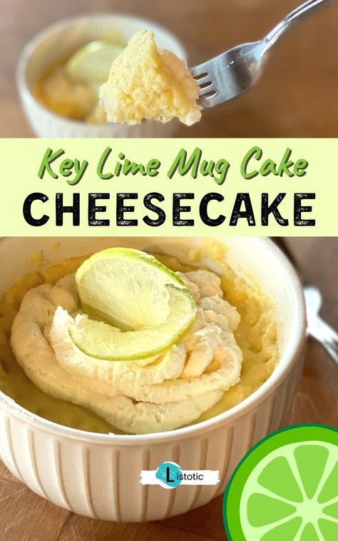 Keto dessert key lime mug cake for one! Make it in just minutes in your microwave. Simple low carb ingredients make this a quick and healthy keto dessert. See the full recipe on Listotic. Keto Key Lime, Quick Cheesecake, Quick Keto Dessert, Keto Birthday Cake, Fluffy Chocolate Cake, Keto Mug, Chocolate Chip Mug Cake, Lemon Mug Cake, Key Lime Cheesecake