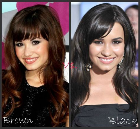 Demi Lovato: Brown vs. Black Brown Vs Black Hair, Brown Hair Vs Black Hair, Brown And Black Hair, Popular Hair Colors, Brown Hair Color Chart, Brown Hair Trends, Brown Hair Inspiration, Beautiful Brown Hair, Dark Purple Hair