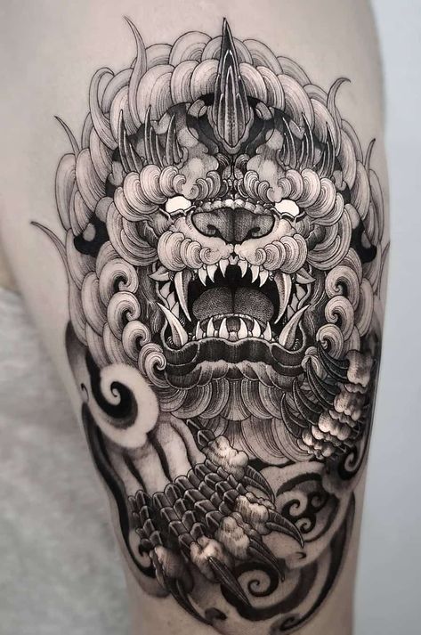 Foo Dog Tattoo Meaning, Fu Dog Tattoo, Japanese Foo Dog, Japanese Tattoo Meanings, Foo Dog Tattoo Design, Dogs Tattoo, 42 Tattoo, Foo Dog Tattoo, Tattoo Japanese Style