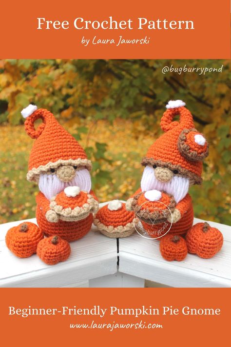 The Pumpkin Pie Gnome Free Crochet Pattern by Laura Jaworski (@bugburrypond) 🎃 Crochet Scarecrow Gnome Pattern Free, Crochet Gnome Tree Topper, Crochet Nomes Free Pattern, Free Crochet Fall Patterns, Free Crochet Gnome Pattern Amigurumi, Free Crochet Gnome Pattern, Amigurumi Gnomes Free Pattern, Crochet Gnomes Free Pattern Easy, Crochet Nomes