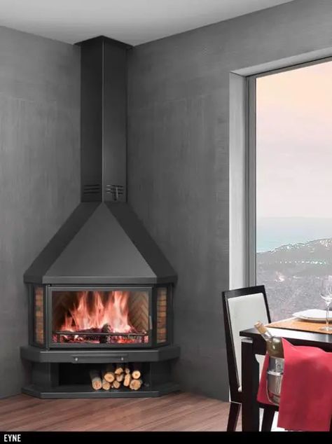 Corner Fireplace Ideas, Corner Stove, Corner Gas Fireplace, Chimney Design, Cabin Fireplace, Wood Stove Fireplace, Bbq Grill Design, Modern Luxury Bedroom, Brick Exterior House