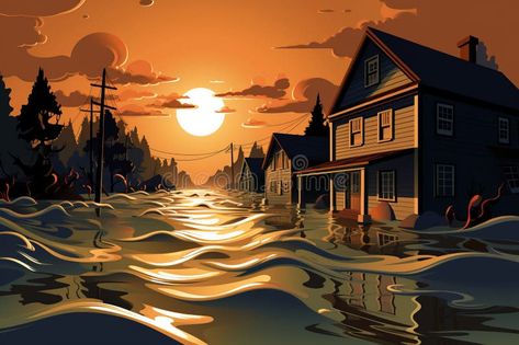 Flooded city streets after severe flooding stock image Flood Painting, Flooded City Concept Art, Flooded City Art, Flooded City, Flood Artworks, Images Of Flood, Scene From The Great Flood, Water Illustration, Trash Art