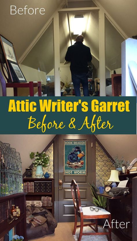 Every writer dreams of a cozy nook away from the noise and bustle of daily life where they can focus on their work and let their imaginations soar. Come along with us on an inspiring journey as we renovate an awkward attic space into a snug writer's garret, fit for authors and readers of all ages! Library Aesthetic Home, Space Reading Corner, Reading Nook Kids Bedroom, Read Nook, Kids Reading Nook Ideas, Attic Bedroom Ideas Aesthetic, Attic Decorating Ideas, Library Design Home, Attic Reading Nook