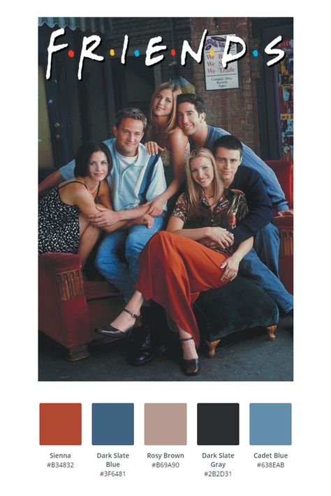 Famous Color Palettes, Friends Tv Show Color Palette, Friends Color Palette, Album Color Palette, Hot Color Palette, Movie Color Palette, Only Friends, Advanced Typography, Yearbook Pages