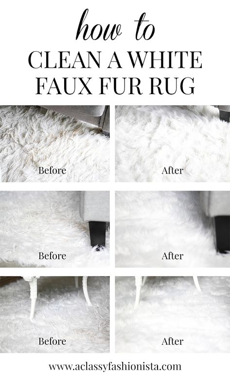 HOW TO CLEAN A WHITE FAUX FUR RUG | A Classy Fashionista | white fur rug, faux fur rug, how to clean fur rug, how to clean white fur rug, cleaning tips, white faux fur rug, white rug Fur Rug Decor, Clean Shag Rug, Fur Rug Bedroom, Fur Rug Living Room, White Fluffy Rug, White Faux Fur Rug, White Fur Rug, Cleaning Carpets, White Bathroom Rug