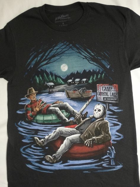 Freddy Krueger and Jason Voorhees In Inner Tube Camp Crystal Lake Horror T-Shirt | eBay Freddy Krueger And Jason, Camp Crystal Lake, A Nightmare On Elm Street, Elle Woods, Bunny Costume, Crystal Lake, Jason Voorhees, Nightmare On Elm Street, Freddy Krueger