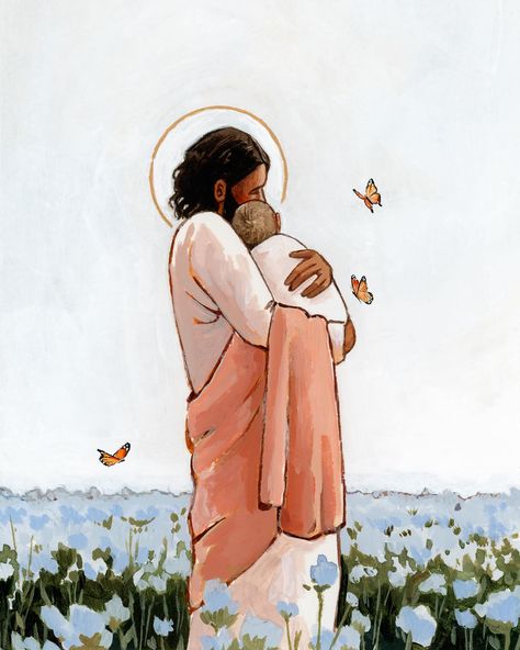 October is Pregnancy and Infant Loss Awareness month, and October 15th is Pregnancy and Infant Loss Remembrance Day 🩷🩵 each year I try to do a new painting in honor of this day. This year’s painting is titled ‘Among The Forget Me Nots’. In this painting, Christ hugs an angel baby to His chest while standing in a field of forget me not flowers. Butterflies surround Christ and the baby. In many cultures, both forget me not flowers and butterflies are symbolic of loved ones who have passed awa... Pregnancy Loss Awareness Month, Angel Baby Art, Pregnancy And Infant Loss Awareness, Pregnancy Loss Awareness, Baby Remembrance, Flowers With Butterflies, Infant Loss Awareness Month, Infant Loss Awareness, Pregnancy And Infant Loss