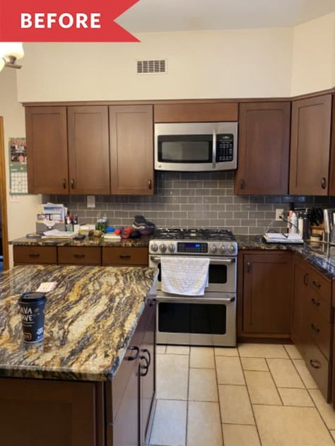 kitchen before renovation tile floors dark wood cabinets silver appliances Kitchen With Brown Cabinets, Dark Brown Kitchen Cabinets, Beige Floor Tile, Gray Subway Tile Backsplash, Purple Cabinets, Dark Brown Kitchen, Large Floor Plans, Brown Kitchen Cabinets, Purple Kitchen