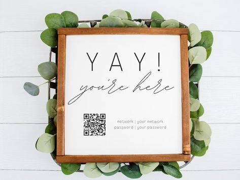 Wifi Art Print, Custom Wifi Sign, Wireless Network Decor, Home Office Wall Art, Printable Wifi Password, Tech Decor, Yay You're Here - Etsy Guest Room Cart Ideas, Small Guest Room Ideas Cozy, Wifi Password Sign Funny, Guest Room Decor On A Budget, Diy Wifi Password Sign, Guest Room Signs Wall Decor, Air Bnb Signs, Bnb Ideas Interior Design, Guest Bedroom Decor Cozy