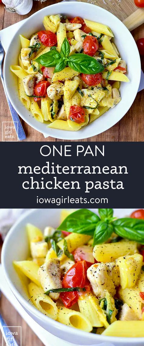 One Pan Mediterranean Chicken Pasta is an easy, 30-minute meal, gluten free meal that's fresh and full of Mediterranean-inspired flavor! iowagirleats.com keywords: pasta recipes, gluten free pasta recipes, gluten free pasta dishes, chicken recipes, chicken breast recipes, easy chicken recipes Mediterranean Diet Pasta Dishes, Mediterranean Pasta With Chicken, Meditterean Pasta Recipes, Mediterranean Diet Chicken Recipes Easy, Low Sodium Chicken Pasta Recipes, Greek Chicken Pasta Recipes, Mediterranean Baked Pasta, Easy Mediterranean Pasta Recipes, Mediterranean Chicken Pasta Recipes