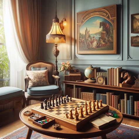 Classic Board Game Corner Chess Corner In Living Room, Formal Game Room, Library And Game Room, Board Game Corner, Board Game Room Ideas, Card Game Room, Games Corner, Chess Room, Game Corner