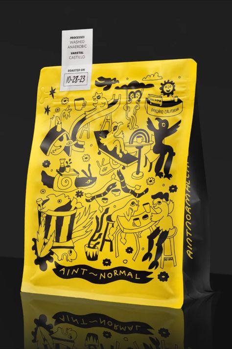 Bay Area creatives Pavement Design and Bud Snow channeled the honest to god drugginess of too much bean juice in their super fun packaging for Oakland’s Ain’t Normal, in which a host of fanciful creatures swirl across a sunny yellow pouch. Creative Packaging Design Food, Graphic Design Food Packaging, Coffee Brand Packaging, Packaging Design Clothing, Collage Packaging, Bubble Mailer Packaging Ideas, Can Coffee Packaging, Groovy Packaging Design, Coffee Packaging Design Branding