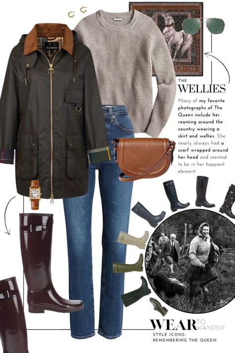 Scottish Fall Fashion, Chic Rain Boots, Gemma What To Wear, British Heritage Fashion Summer, Rain Boots Outfit Work, Jcrew Outfits 2023, How To Style Rain Boots, Hunter Wellies Outfit, Hunter Boots Outfit Fall