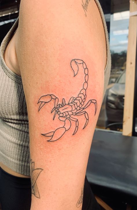 Line work, scorpion tattoo, simple Tattoos Powerful, Scorpion Tattoos, Bauch Tattoos, Scorpio Tattoo, Bull Tattoos, Scorpion Tattoo, Meaningful Tattoos For Women, Healing Tattoo, Leg Tattoos Women