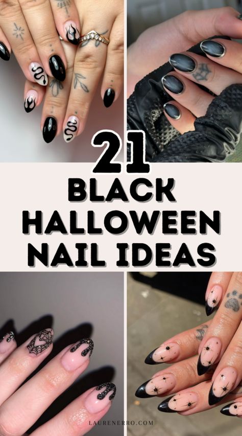 21 Black Halloween Nail Ideas - Lauren Erro Black French Manicure Halloween, Early Halloween Nails, Black Nail Designs Fall, Short Edgy Nail Ideas, October Black Nails, Halloween Classy Nails, Black Tip Halloween Nails, Black And Gold Halloween Nails, Black Glitter Halloween Nails