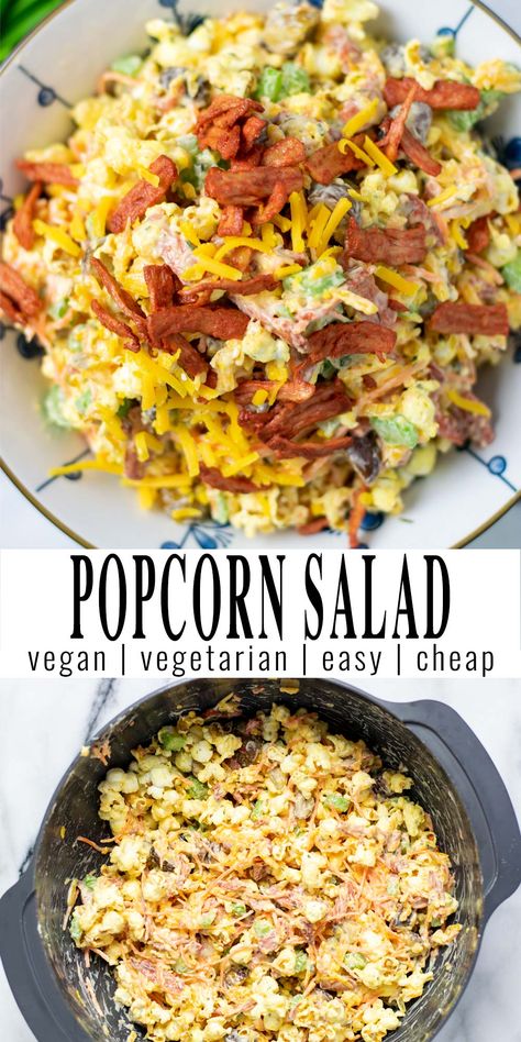 Popcorn Salad is a retro recipe made with delicious ingredients like celery, vegan mayo, and bacon bites. This easy recipe comes together in under 20 minutes and you will know at once that it is a winning combination for the whole family. #vegan #dairyfree #contentednesscooking #vegetarian #dinner #lunch #popcornsalad Corn Salad Vegan, Macaroni Salad Vegan, Vegan Popcorn Seasoning, Popcorn Salad, Vegan Coleslaw No Mayo, Vegan Potato Salad No Mayo, Great Salad Recipes, Clean Eating Vegan, Vegan Salad Recipes