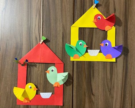 Birds With Paper, Bird Craft For Kindergarten, Preschool Crafts Birds, Bird Crafts Kindergarten, Birds Craft For Preschoolers, 3 D Birds Craft, Birds Decoration Ideas, Spring Birds Crafts For Kids, Birds Diy Crafts