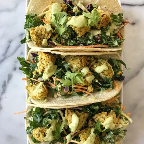 Falafel Tacos with Cilantro Lime Cashew Dressing Falafel Tacos, Cilantro Dressing Recipe, Cashew Dressing, Veggie Skillet, Kale Slaw, Cilantro Dressing, Cilantro Lime Dressing, Mediterranean Food, Veggie Stir Fry