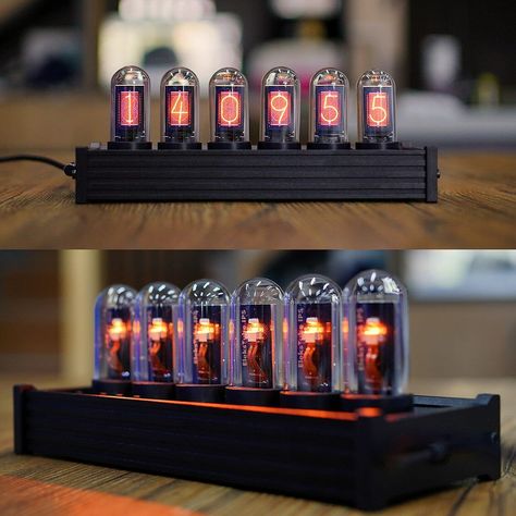 PRICES MAY VARY. 【Nixie Tube Clock Simulation】 The Vintage IPS Digital Clock simulates the nixie tube clock display and glow. Perfect blend between innovative technology and vintage elements. 【Fantastic Display Effect】It comes with 6 LCD screens covered by a delicate glass tube.You can choose from more than 20 display options,and DIY creations(photos,characters,patterns) to customize your display as your wishes. 【Vintage Edison Bulb Clock】Delicate anodized aluminum alloy base and circuit board d Photo Display Diy, Clock Design Ideas Creative, Nixie Tube Clock, Diy Photo Display, Pod Cast, Desk Gifts, Retro Desk, Nixie Tube, Clock Display