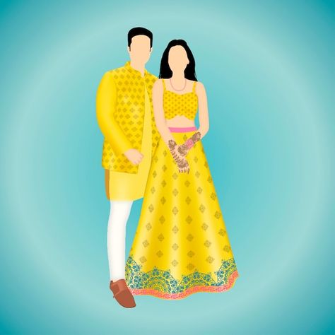 Haldi Ceremony Caricature, Haldi Illustration Couple, Haldi Couple Illustration, Haldi Ceremony Illustration, Haldi Caricature, Haldi Couple, Hindu Marriage, Cartoon Wedding Invitations, Caricature Wedding Invitations