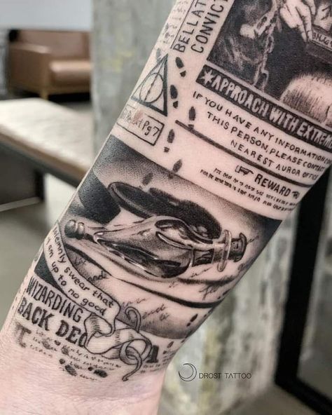 Daily Prophet Tattoo, Harry Potter Newspaper Tattoo, Newspaper Tattoo, Harry Potter Tattoo Unique, Harry Potter Tattoo Ideas, Harry Potter Newspaper, Harry Potter Tattoo Sleeve, Pop Culture Tattoos, Hogwarts Tattoo