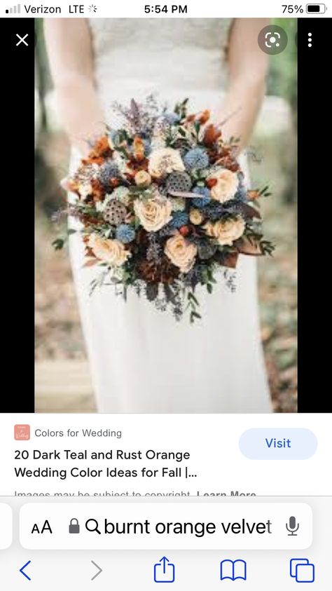 Orange And Dusty Blue Wedding, Wedding Bouquets With Blue, Dusty Blue Wedding Bouquet, Wedding Bouquets Blue, Blue Wedding Bouquet, Dusty Blue Wedding, Fall Wedding Bouquets, Dusty Blue Weddings, Orange Wedding