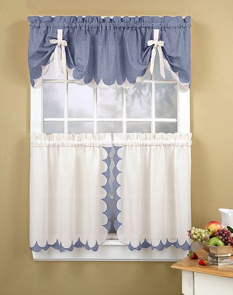 Kitchen Curtains | Tabitha 3-Piece Kitchen Curtain Tier Set / Curtainworks.com  I like the top of these. Cortinas Country, Gingham Curtains, Tie Up Valance, Long Shower Curtains, Country Lane, Curtains And Draperies, Plain Curtains, Farmhouse Curtains, Country Curtains