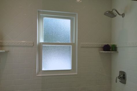 Having a window in the shower area is not an ideal thing. Depending on the view that you have looking out – people standing outside will most likely have a similar view looking in. And hanging up a blind or a shade may not be an option due to moisture issues. Having just gone through … Obscure Window Ideas, What To Do With Shower Window, Shower Window Privacy Ideas, Shower Stall With Window, Tiled Shower With Window, Windows In Shower Solution, Obscure Glass Window Bathroom, Shower Blinds, Shower In Front Of Window