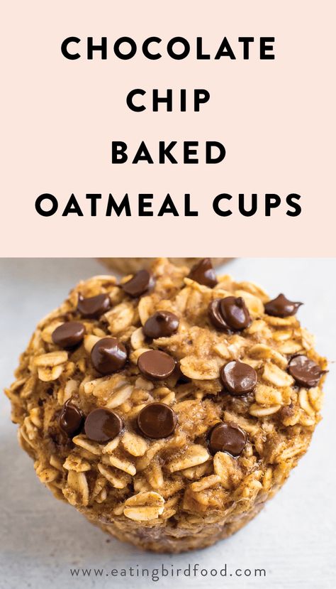 Keep these baked oatmeal cups in your fridge or freezer for an easy, healthy breakfast! There's four different flavor options so you'll never get bored. Vegan + gluten-free. #oatmeal #vegan #glutenfree #breakfast #eatingbirdfood Chocolate Chip Oatmeal Cups, Oatmeal Vegan, Baked Oatmeal Cups, Breakfast Oatmeal, Peanut Butter Roll, Oatmeal Cups, Breakfast Cups, Breakfast Cookies, Chocolate Chip Oatmeal