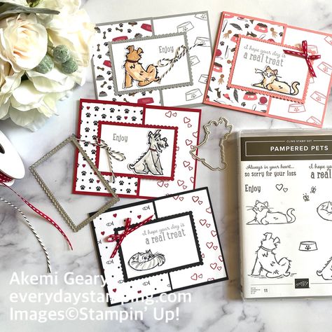 Everyday Stamping: 4 Cards with Cute Printed Paper from Playful Pets Suite Dog Stamp, Stampin Up Birthday Cards, Greeting Card Inspiration, Pampered Pets, Design Cards, Homemade Christmas Cards, Happy Tails, Dog Cards, Cat Cards