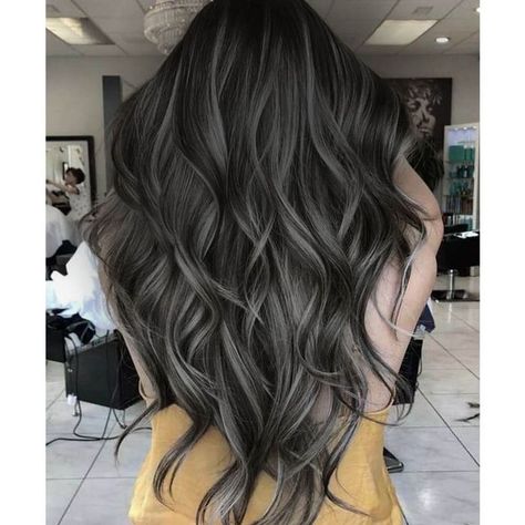 Ash Grey Balayage Brunettes, Cool Ways To Dye Your Hair, Ashy Balayage On Black Hair, Balayage Hair On Black Hair, No Bleach Balayage, Dark Hair With Silver Highlights, Black Hair With Babylights, Ash Black Hair, Hair For Green Eyes