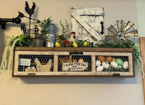 Long Wall Shelf With Baskets, Hanging Wire Baskets On Wall Kitchen, Chicken Wire Crafts Wall Shelves, Hobby Lobby Chicken Wire Shelf, Chicken Wire Shelf, Hobby Lobby Shelves, Hobby Lobby Shelf Decor, Wire Egg Basket Decor Rustic Farmhouse, Chicken Wire Wood Wall Shelf Hobby Lobby