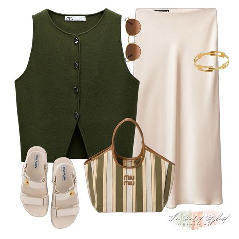 The Secret Stylist | High Street Fashion (@thesecretstylist) • Instagram photos and videos Khaki Skirt Outfits, Mum Fits, Waistcoat Outfit, Skirt Styling, Satin Skirt Outfit, Outfit Links, Stylist Outfit, Beige Sandals, Miu Miu Bag