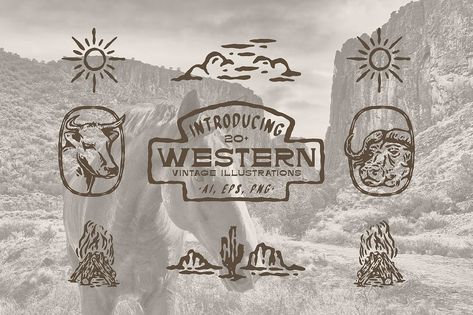 Introducing 20+ Western Vintage Illustrations. All illustrations are original hand-drawn designs (vintage style). This illustration is perfect for logos, art prints, branding, social media, and more! This Illustrations available on creativer market: https://creativemarket.com/skewedstd/92526849-Western-Vintage-Illustrations (LINK ON BIO) #westernstyle #western #illustration #element #cowboy #desert #vintagedesign #graphicdesign #badge #badgedesign #logo #branding #tshirtdesign #brandingdesi... Western Illustration, Western Logo, Hand Drawn Logo Design, Branding Social Media, Western Vintage, Hand Drawn Logo, Vintage Illustrations, Badge Logo, Badge Design