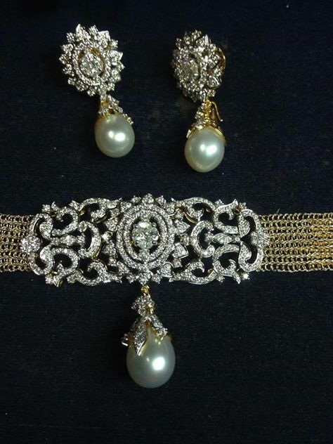 Diamond Chokar Design, Diamond Pearl Necklace Set, Elegant Pearl Jewelry, Diamond Pendant Jewelry, Real Diamond Necklace, Neck Pieces Jewelry, Antique Jewellery Designs, Diamond Pendant Sets, Handmade Gold Jewellery