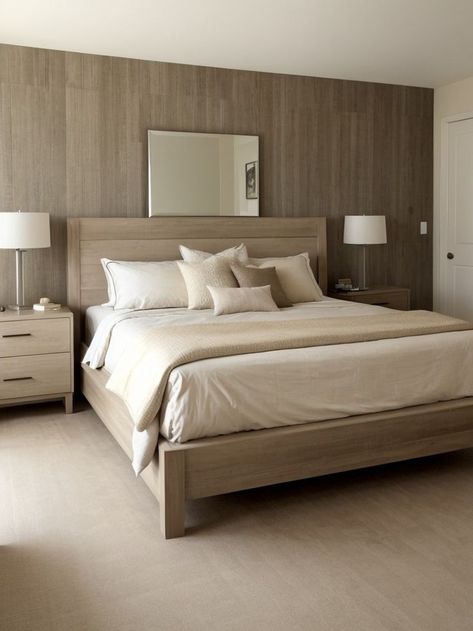 Create an accent wall with a textured beige wallpaper to add depth to your neutral bedroom. Enhance the look with a sleek wooden platform bed and complementing oversized floor mirror for a modern and sophisticated touch. Platform Bed Bedroom Ideas, Platform Bed Bedroom, Bed Bedroom Ideas, Oversized Floor Mirror, Wooden Bed Frame, Wooden Platform Bed, Beige Wallpaper, Neutral Bedroom, Wooden Bed Frames