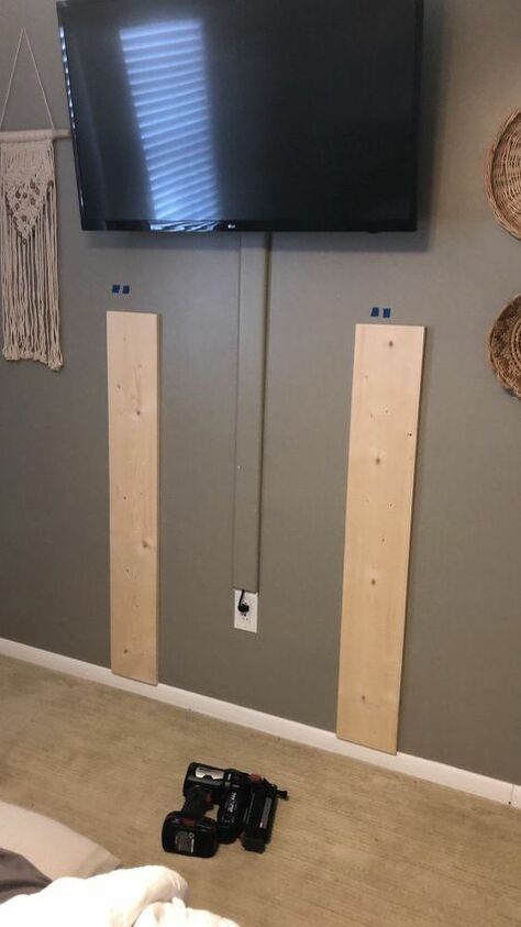 Faux Fireplace Wall Bedroom, Faux Fireplace Bedroom Tv, Tv Mounted Over Fake Fireplace, Diy Fake Wooden Fireplace, Diy Fireplace Apartment Faux Mantle, Stove Surround, Diy Faux Fireplace, Fabric Garlands, Tv Cords