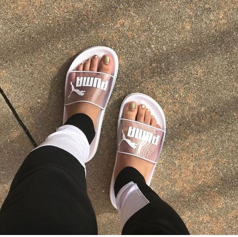 I love the transparent puma slides. Sport Sandals Outfit, Puma Sandals, Puma Slides, Nike Slippers, Cute Slides, Cute Slippers, Adidas Shoes Women, Aesthetic Shoes, Cute Sandals