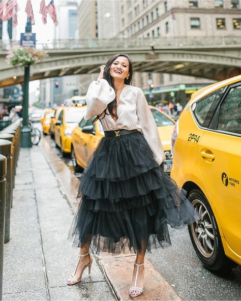 Dawn P. Darnell on Instagram: “Couldn’t resist to get the infamous yellow cab picture in NYC, even when it’s raining.😉 This skirt is the perfect tulle skirt for under…” Chic Mesh Tulle Skirt, Black Dress With Tulle Skirt For Dress-up, Black Layered Tulle Skirt, Black Tiered Tulle Skirt, Black Tulle Skirt Outfit, Tulle Skirt Fashion, Black Lace Skirt With Tulle Detail, Skirt Tulle, Tulle Skirts Outfit