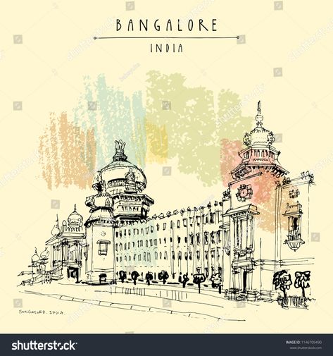 Bangalore (Bengaluru), Karnataka, India. Building in Neo-Dravidian style. Travel sketch. Vintage hand drawn postcard template. VectorNeo#Building#style#Dravidian Cityscape India, Cityscape Sketch, Simple Logos, Bangalore City, Vintage Postcards Travel, Indian Illustration, City Sketch, Abandoned Church, Old Cemeteries