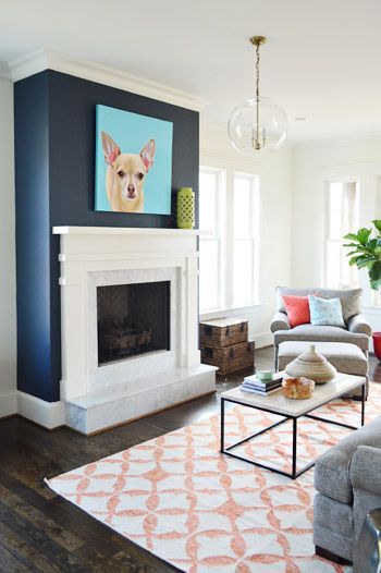 Blue doesn't have to take over. Sometimes an accent wall is the perfect touch. Fireplace Accent Walls, Fireplace Feature Wall, Dark Accent Walls, Blue Accent Walls, Dark Blue Walls, Young House, White Fireplace, Young House Love, Accent Walls In Living Room